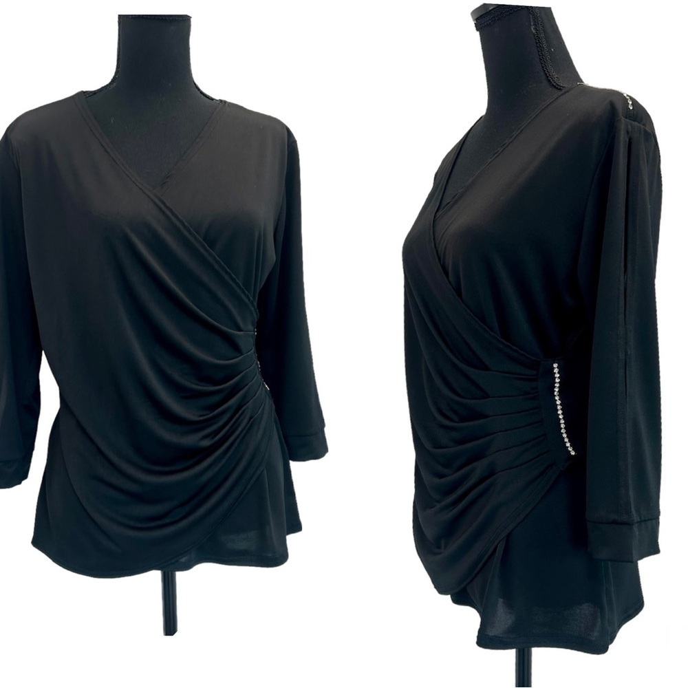 Nwd New Woman Design black rhinestone faux wrap ruched blouse Sz L